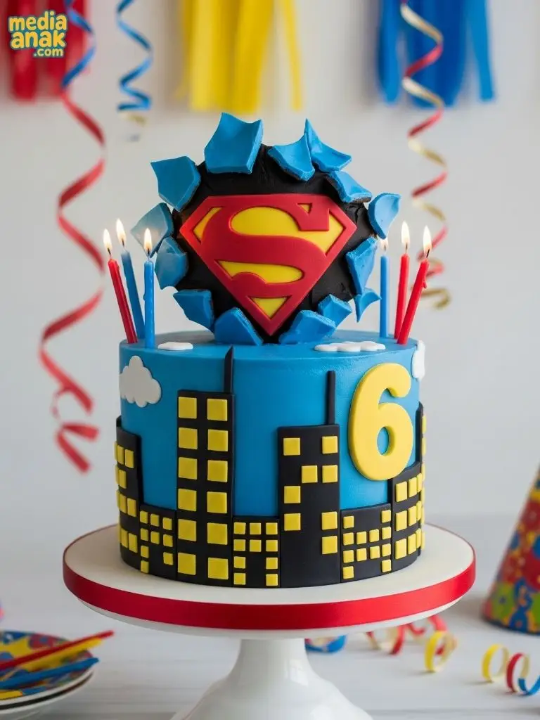 Kue ulang tahun tema Superman dengan hiasan kota Metropolis dan logo S yang menembus keluar dari atas kue.