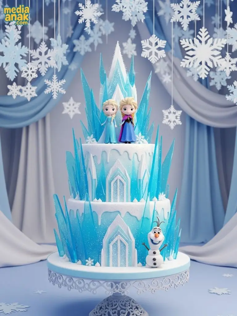 Kue ulang tahun tiga tingkat tema Frozen berbentuk istana es, dihiasi figur Elsa, Anna, dan Olaf.