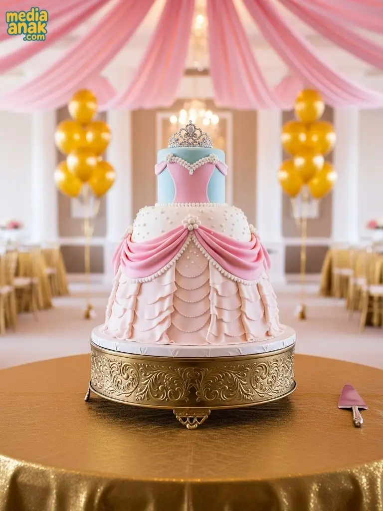 Kue ulang tahun berbentuk gaun pesta putri kerajaan berwarna pink dan biru, lengkap dengan hiasan mahkota di puncaknya.