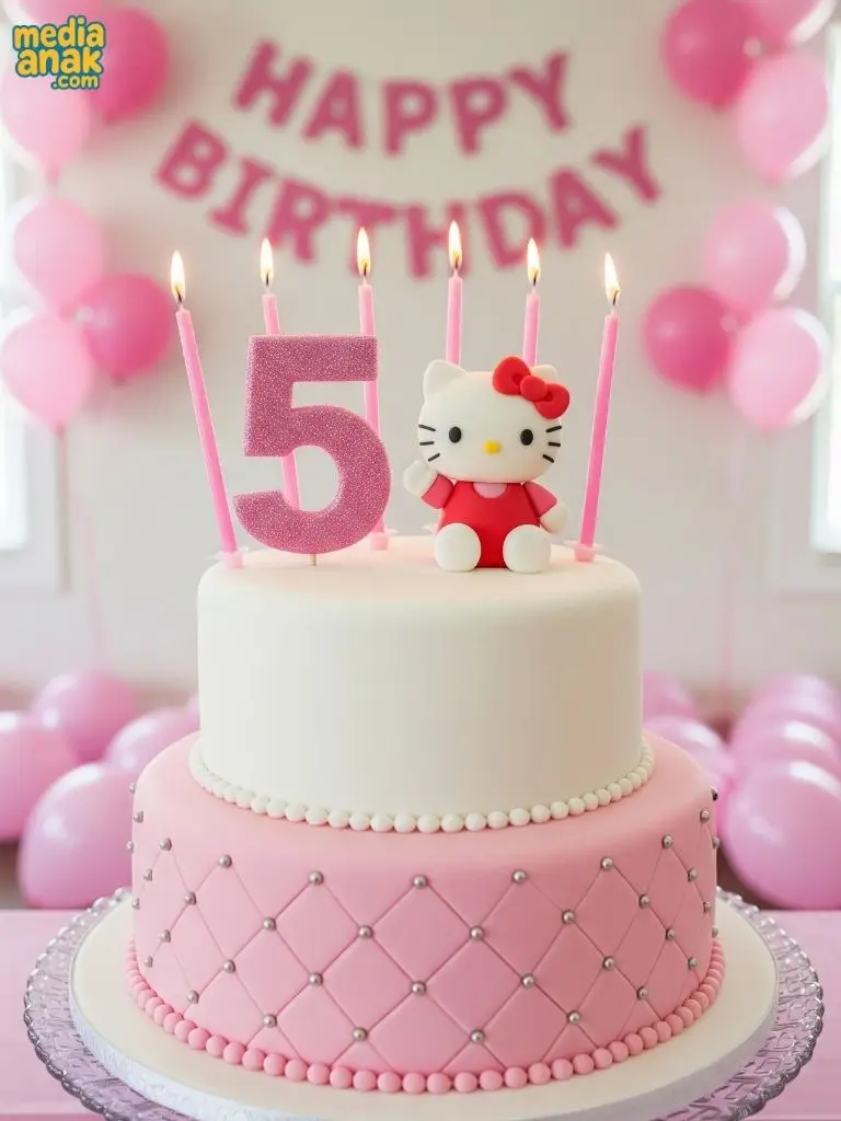 Kue ulang tahun dua tingkat berwarna pink dan putih tema Hello Kitty, dengan hiasan pola wajik dan figur Hello Kitty di atasnya.