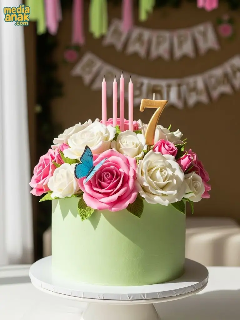 Kue ulang tahun hijau pastel dengan hiasan buket bunga mawar pink dan putih serta kupu-kupu biru di atasnya.