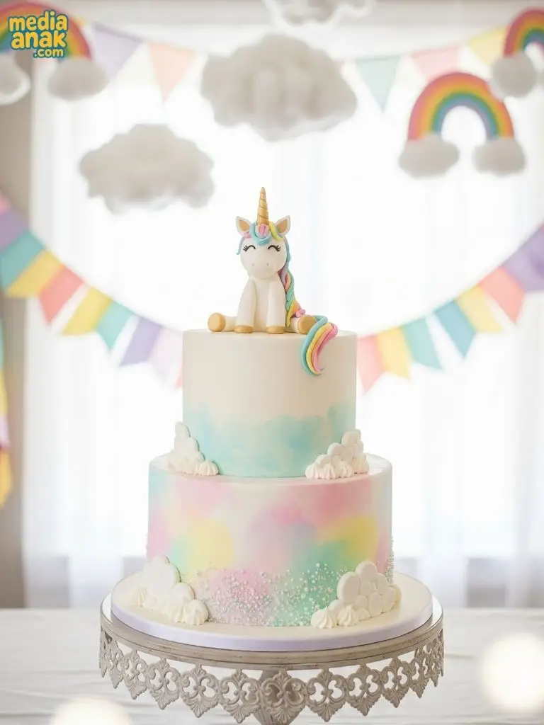 Kue ulang tahun dua tingkat berwarna pastel pelangi, dihiasi awan-awan putih dan figur unicorn lucu di puncaknya.