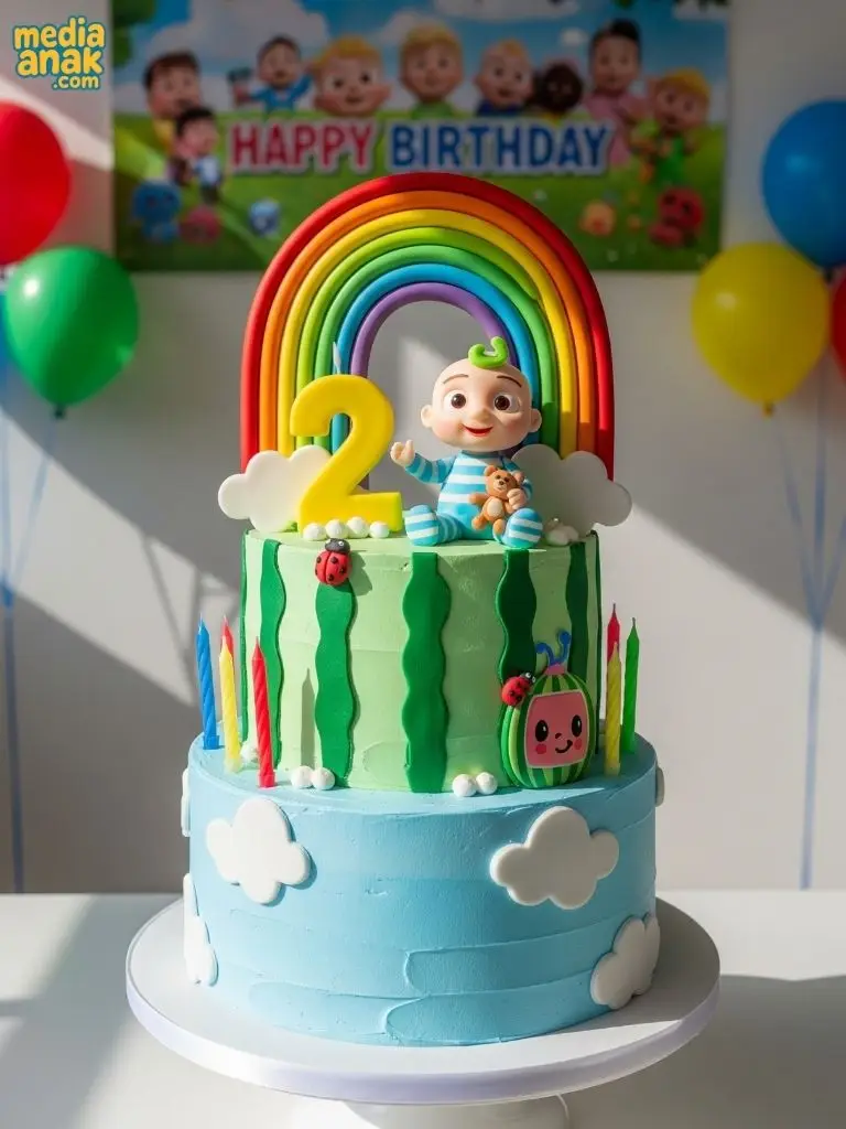 Kue ulang tahun dua tingkat tema Cocomelon, dihiasi pelangi, figur JJ, semangka, dan awan.