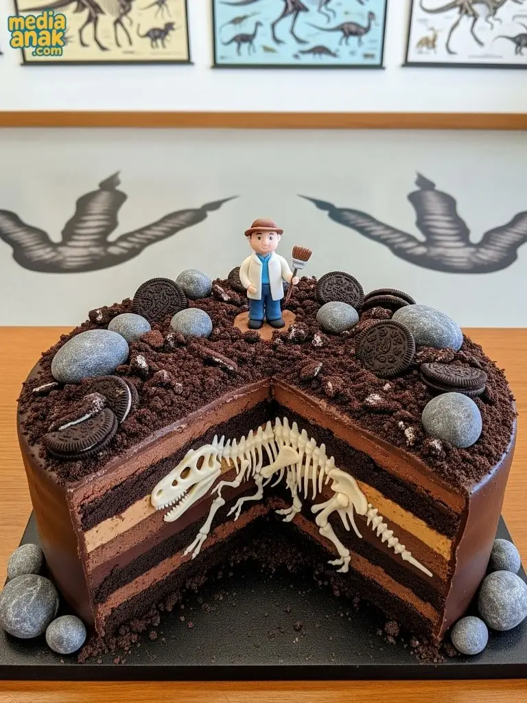 Kue ulang tahun cokelat tema penggalian fosil, dengan kerangka dinosaurus di dalam lapisan kue dan figur paleontolog di atasnya.