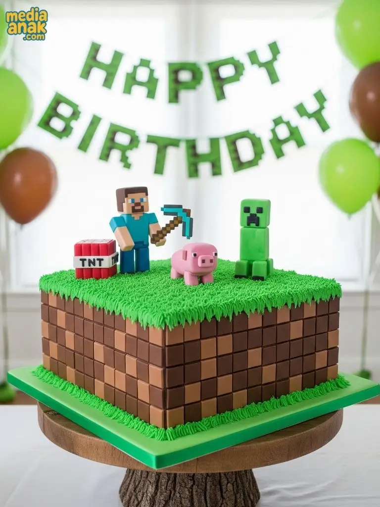 Kue ulang tahun berbentuk balok rumput Minecraft, dihiasi figur Steve, Creeper, babi, dan balok TNT.