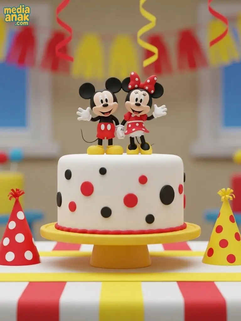 Kue ulang tahun putih dengan hiasan polkadot merah dan hitam, serta figur Mickey dan Minnie Mouse di atasnya.