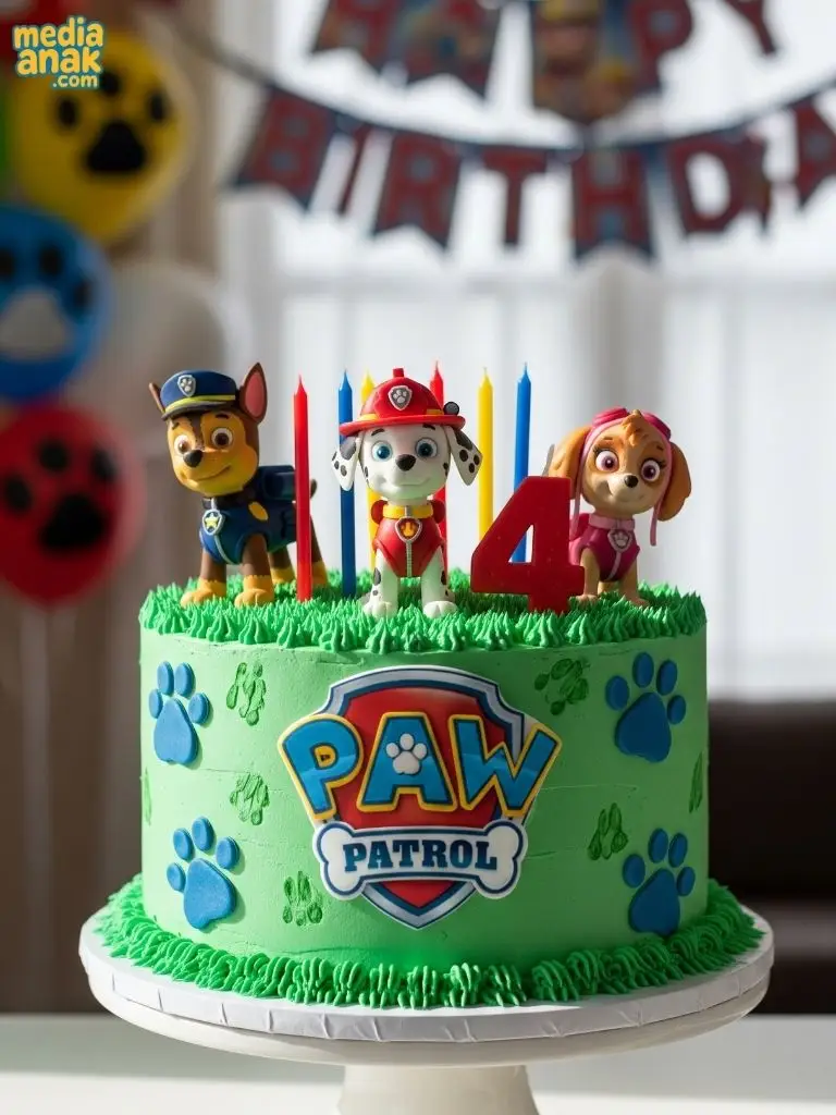 Kue ulang tahun hijau tema Paw Patrol, dihiasi logo, jejak kaki, dan figur Chase, Marshall, serta Skye.