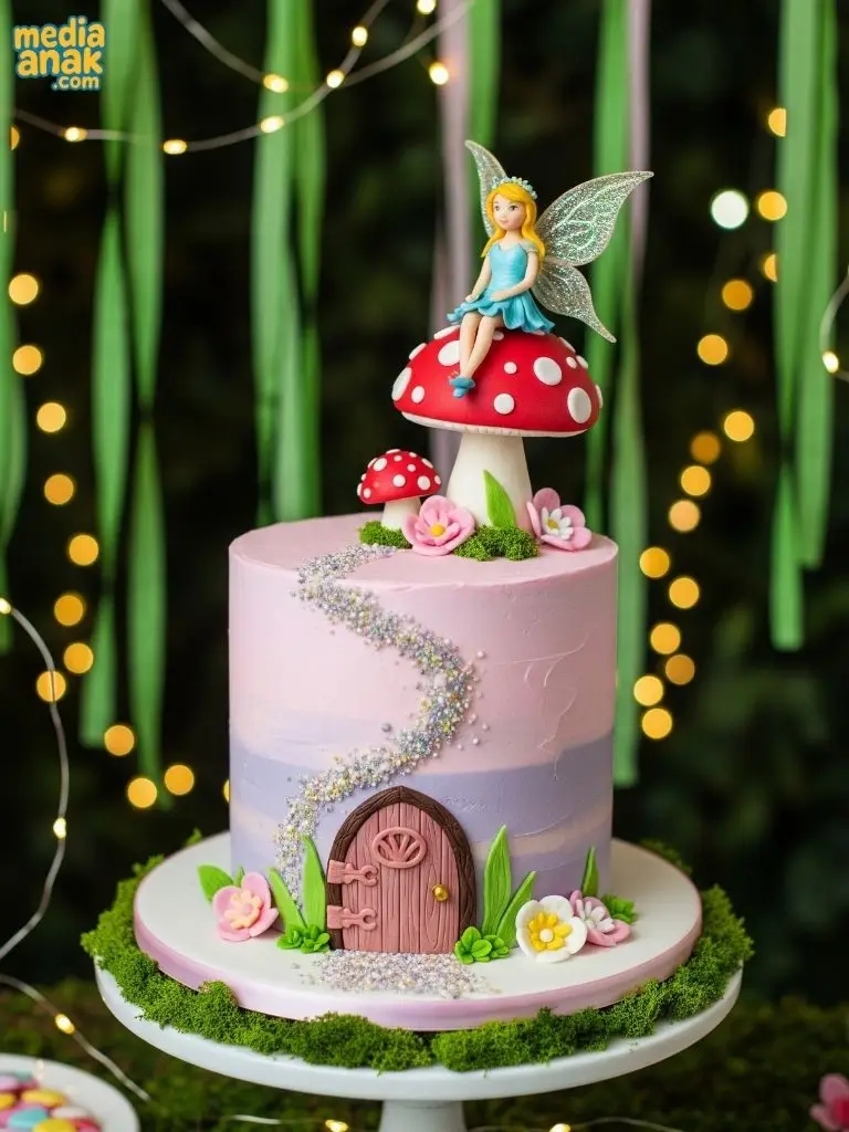 Kue ulang tahun tinggi berwarna pink dan ungu, dihiasi pintu peri, jamur, dan figur peri di puncaknya.