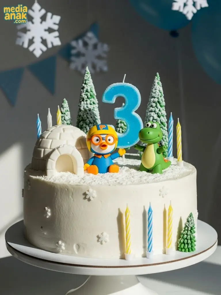 Kue ulang tahun tema Pororo di dunia salju, dihiasi igloo, pohon pinus, serta figur Pororo dan Crong.