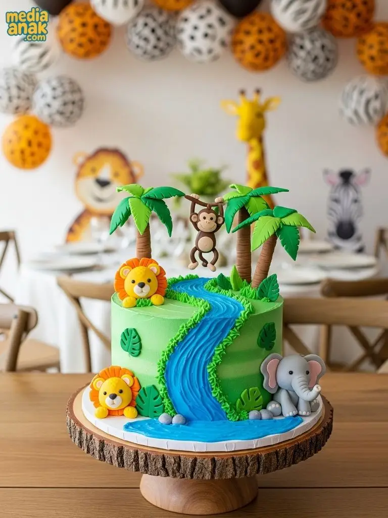 Kue ulang tahun tema hutan safari dengan hiasan singa, monyet, gajah, dan sungai biru di tengahnya.
