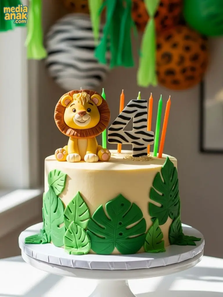 Kue ulang tahun tema hutan dengan hiasan daun tropis dan figur singa lucu di puncaknya.