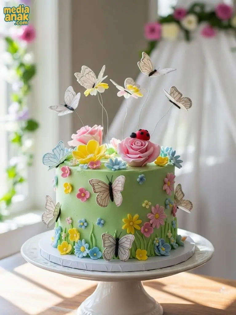 Kue ulang tahun berwarna hijau pastel dihiasi bunga-bunga aneka warna dan kupu-kupu yang tampak beterbangan.