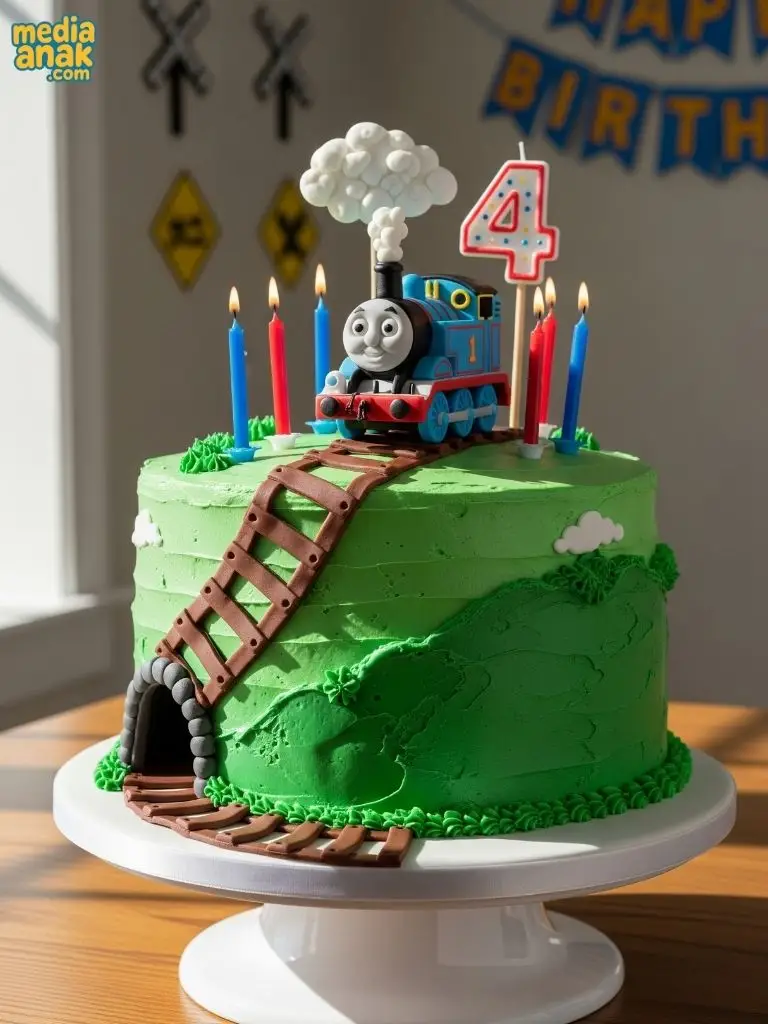 Kue ulang tahun hijau tema Thomas and Friends, dihiasi figur kereta Thomas, rel, dan terowongan.
