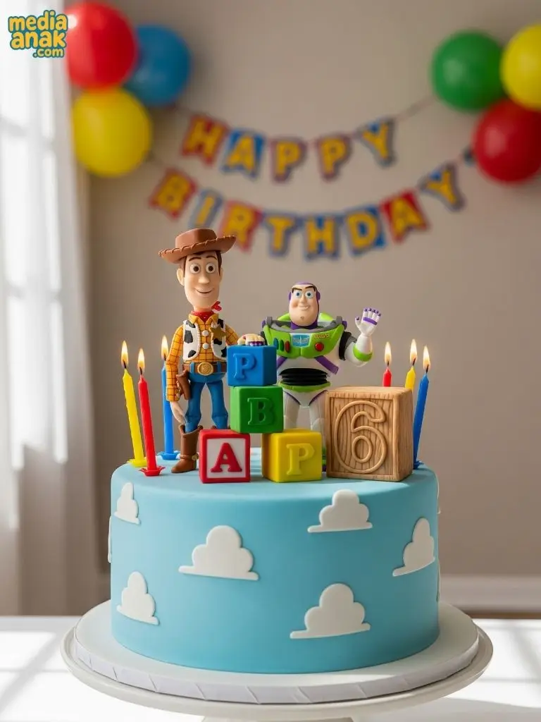 Kue ulang tahun tema Toy Story dengan hiasan langit biru berawan, serta figur Woody dan Buzz Lightyear.