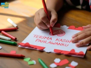 Tangan seorang anak sedang membuat dan mewarnai kartu ucapan bertuliskan 'Terima Kasih Pahlawanku' untuk HUT RI.