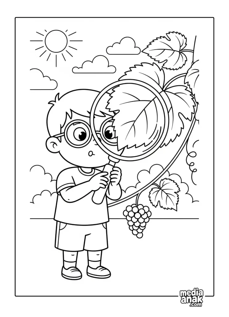 Gambar sketsa mewarnai seorang anak laki-laki berkacamata sedang mengamati daun anggur dengan kaca pembesar.