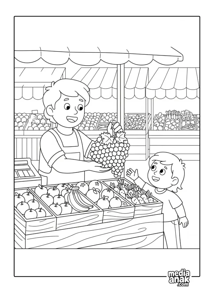 Gambar sketsa mewarnai seorang penjual buah yang ramah sedang menunjukkan setangkai anggur kepada anak kecil di pasar.