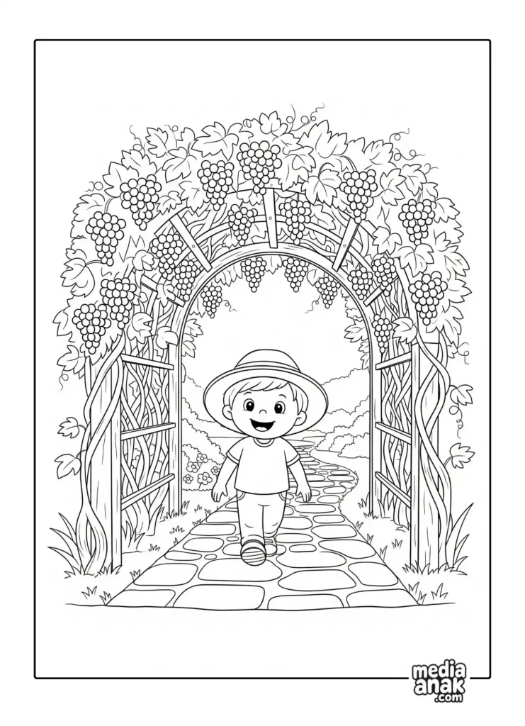 Gambar sketsa mewarnai seorang anak laki-laki berjalan di jalan setapak di bawah gapura kebun yang penuh dengan tanaman dan buah anggur.