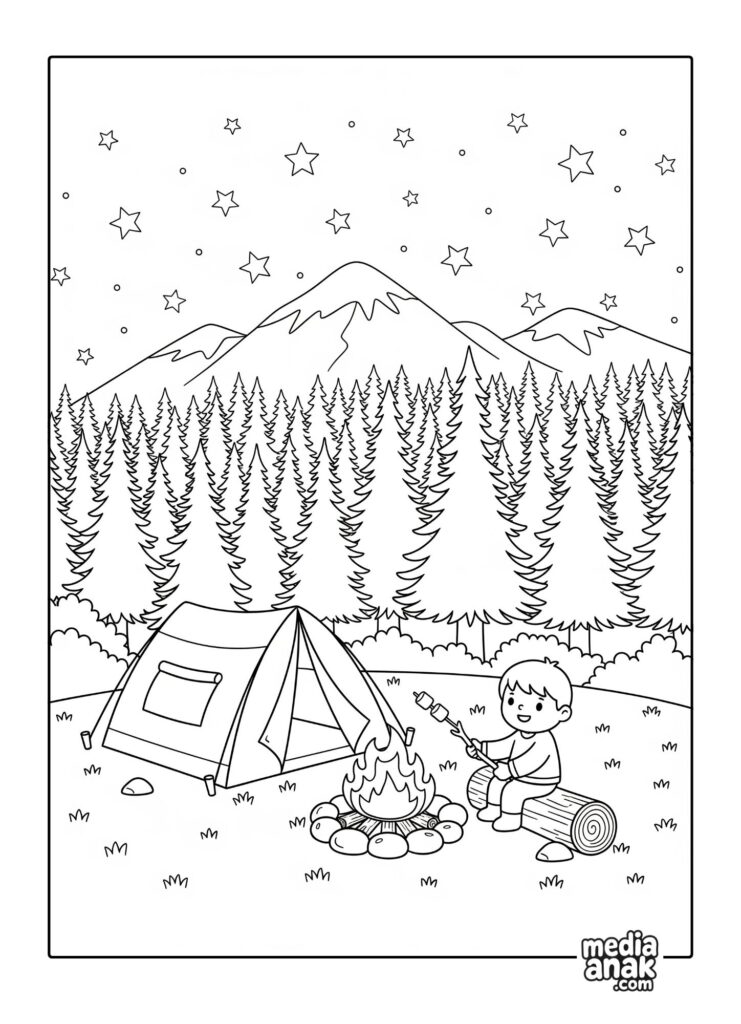 Gambar sketsa mewarnai seorang anak sedang berkemah dan memanggang marshmallow di depan api unggun dengan latar belakang gunung dan langit berbintang