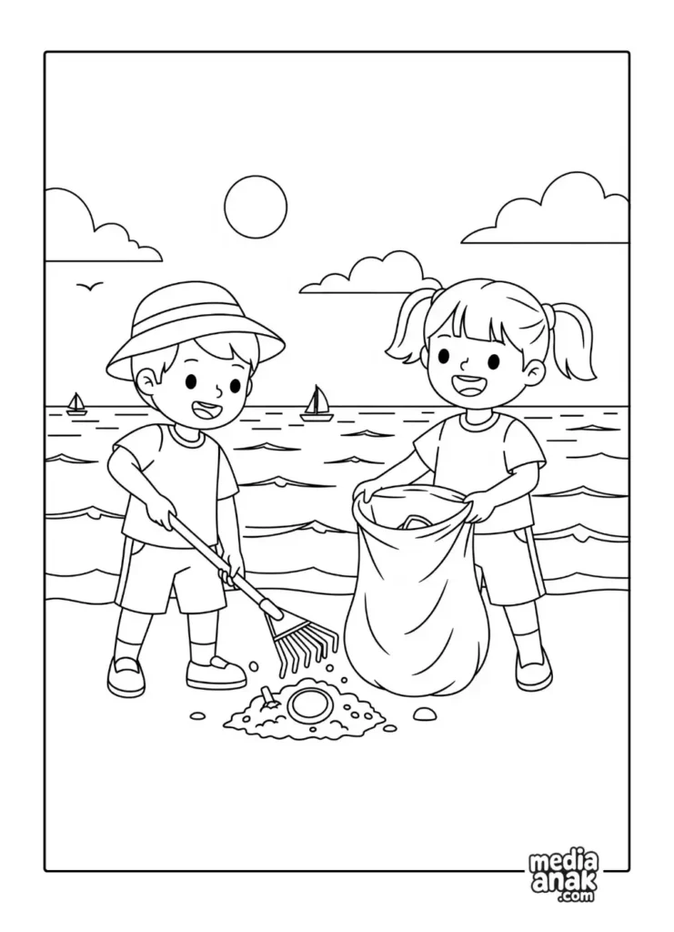 Gambar sketsa mewarnai seorang anak laki-laki dan perempuan sedang bekerja sama membersihkan sampah di pantai.