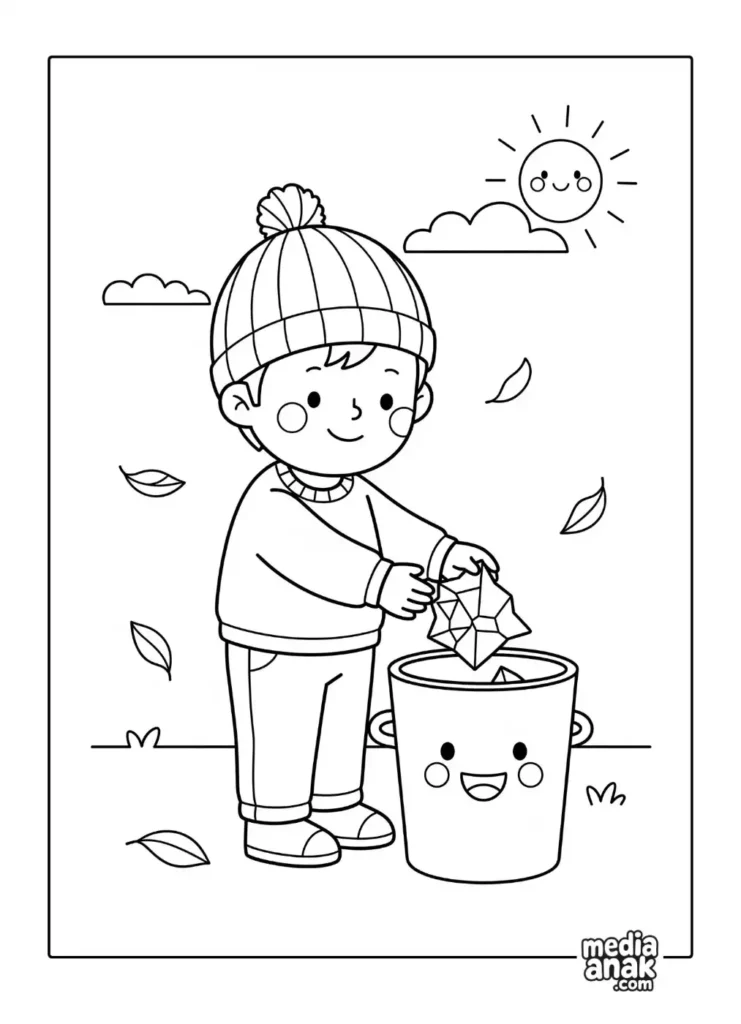 Gambar sketsa mewarnai seorang anak kecil memakai topi kupluk sedang membuang sampah kertas ke dalam tempat sampah yang tersenyum, dengan latar belakang langit cerah dan daun berguguran.