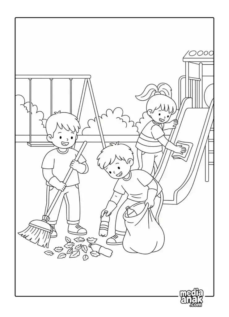 Gambar sketsa mewarnai tiga orang anak sedang kerja bakti membersihkan taman bermain dengan menyapu dan memungut sampah.
