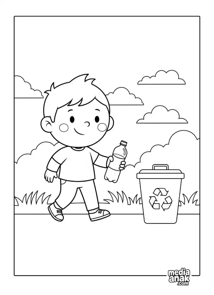 Gambar sketsa mewarnai seorang anak laki-laki sedang membuang botol plastik ke dalam tempat sampah dengan simbol daur ulang