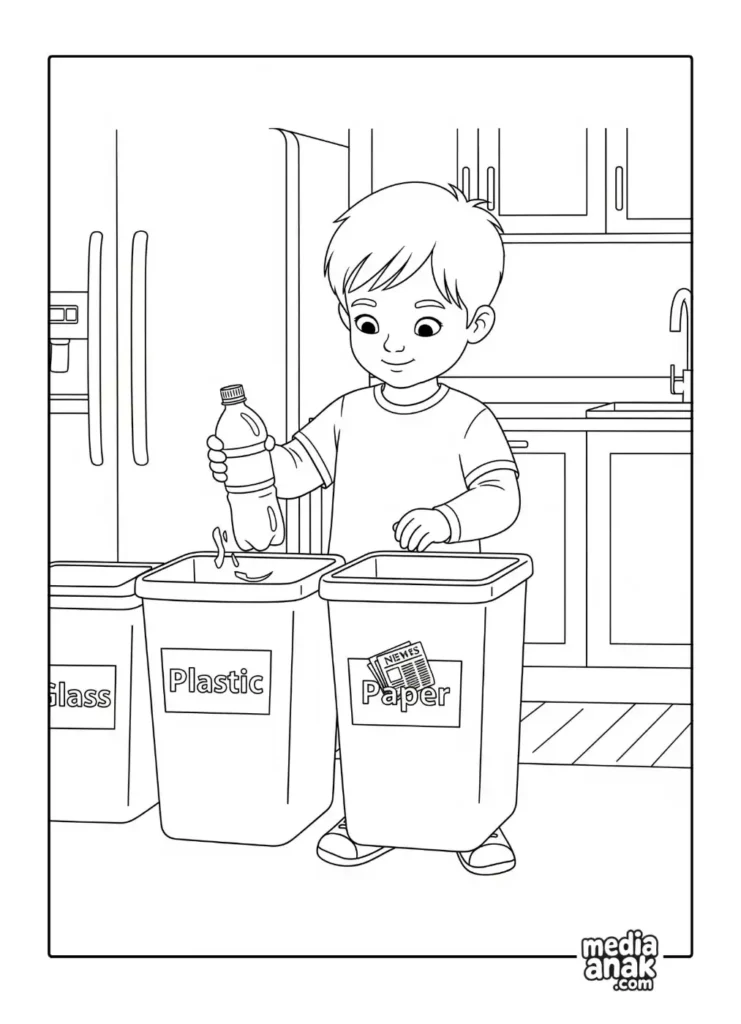 Gambar sketsa mewarnai seorang anak laki-laki sedang memilah sampah dengan memasukkan botol plastik ke tempat sampah khusus.