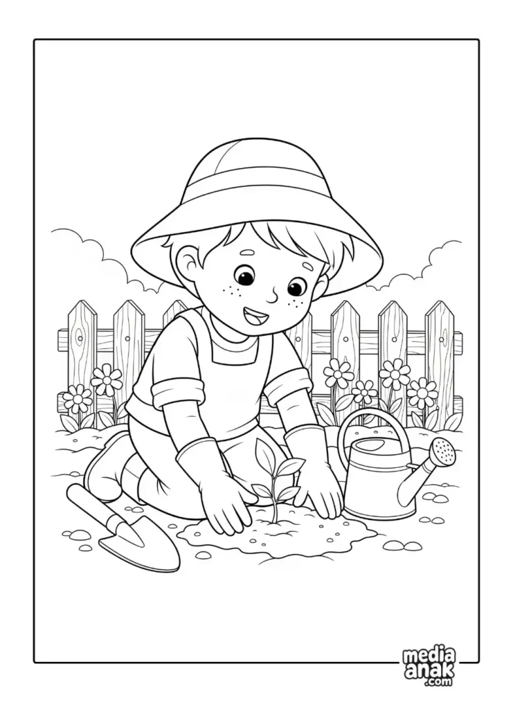Gambar sketsa mewarnai seorang anak memakai topi sedang menanam bibit pohon di kebun dengan sekop dan penyiram tanaman.