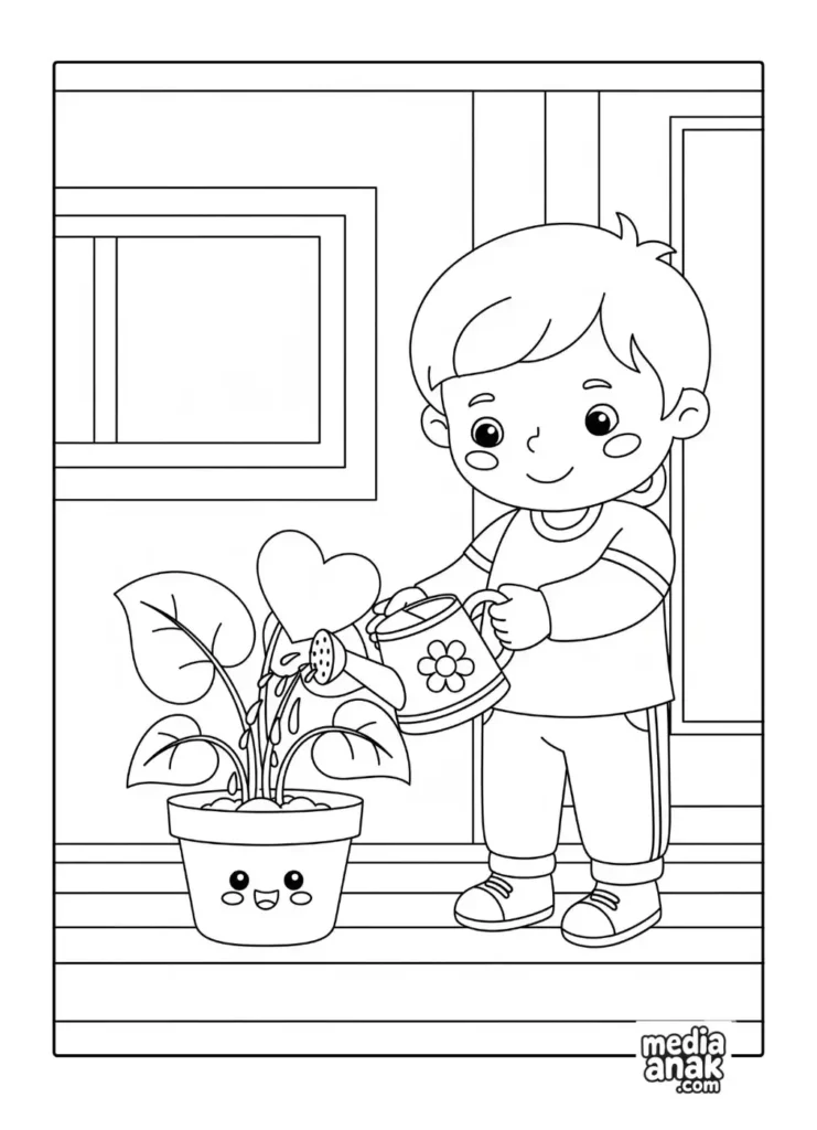 Gambar sketsa mewarnai seorang anak laki-laki sedang menyiram tanaman berbentuk hati di dalam pot yang lucu.