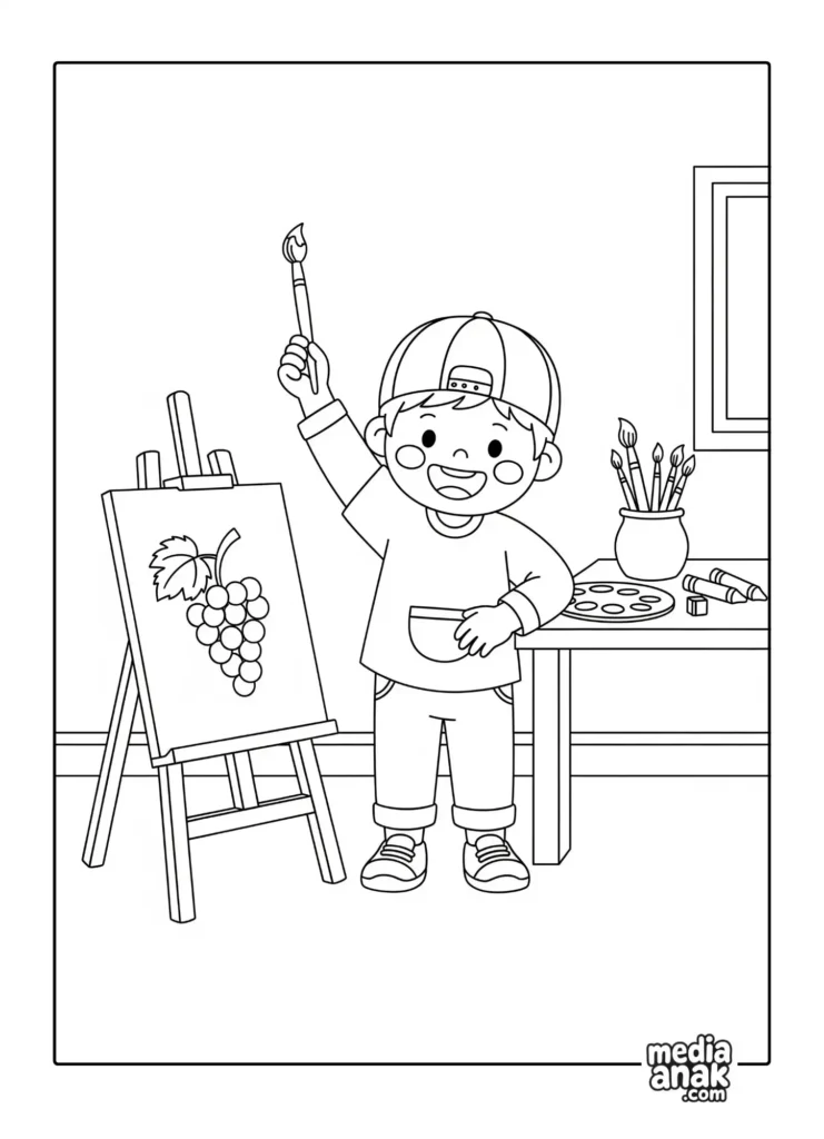 Gambar sketsa mewarnai seorang anak laki-laki yang bangga menunjukkan hasil lukisan buah anggurnya di atas kanvas.