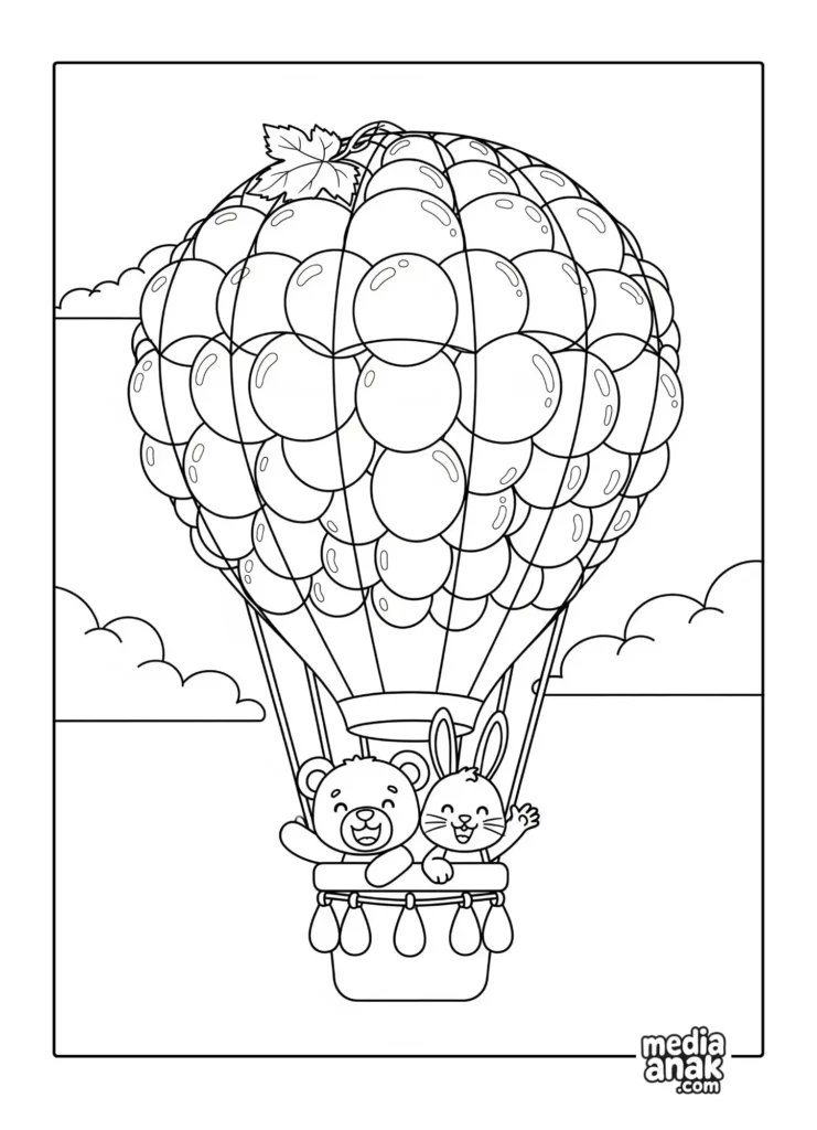 Gambar sketsa mewarnai balon udara panas berbentuk buah anggur dengan beruang dan kelinci lucu di dalam keranjang.