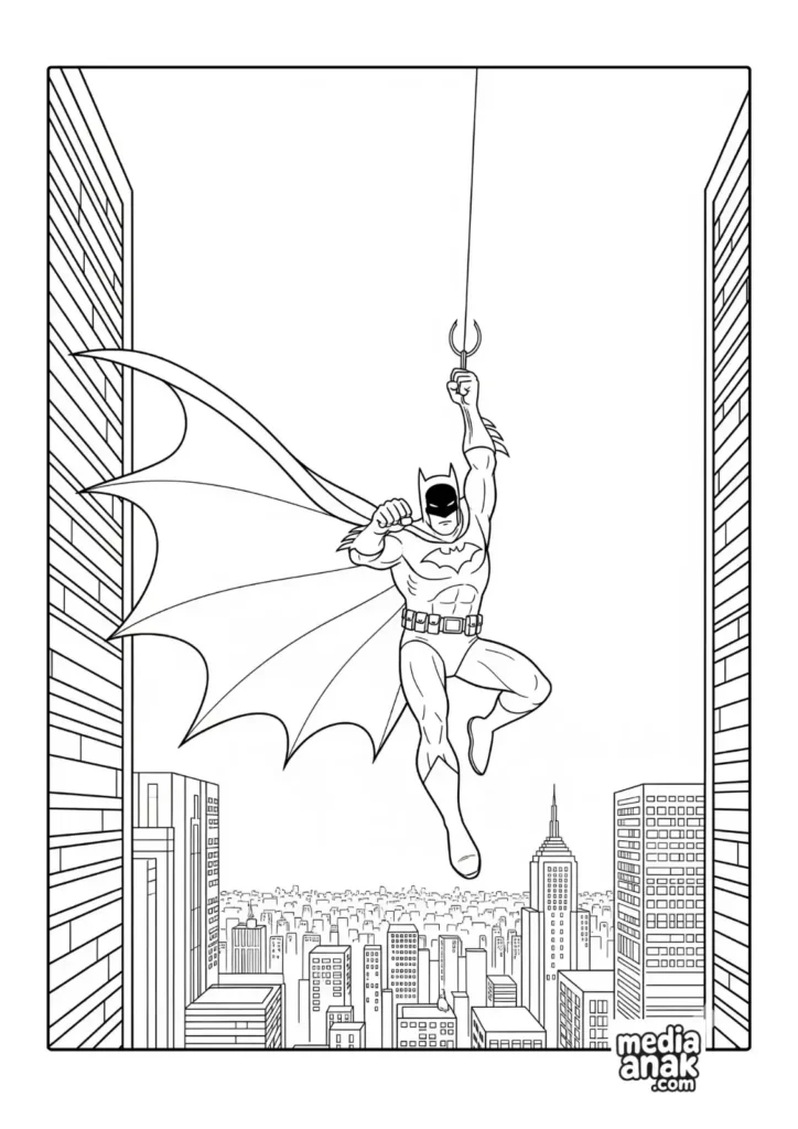 Gambar sketsa mewarnai Batman sedang berayun di antara gedung-gedung tinggi di Gotham City menggunakan grappling hook