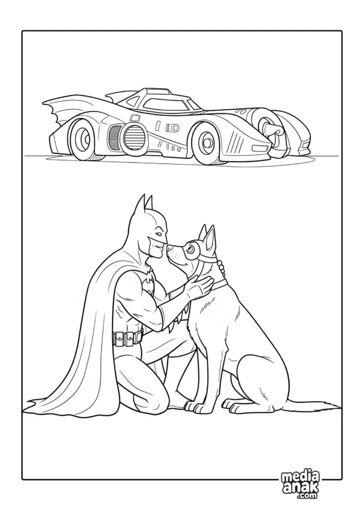 Gambar sketsa mewarnai Batman sedang berlutut dan mengelus anjingnya yang setia, Ace the Bat-Hound