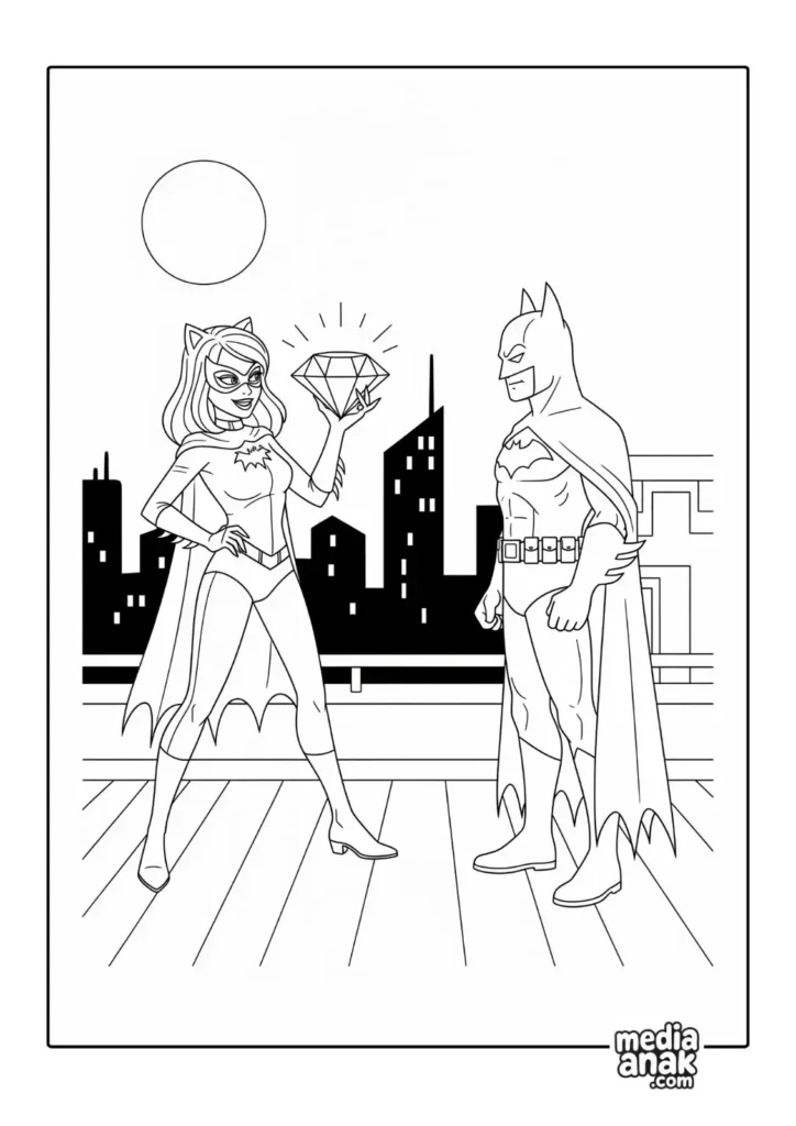 Gambar sketsa mewarnai Batman sedang berhadapan dengan Catwoman yang memegang berlian curian di atap gedung