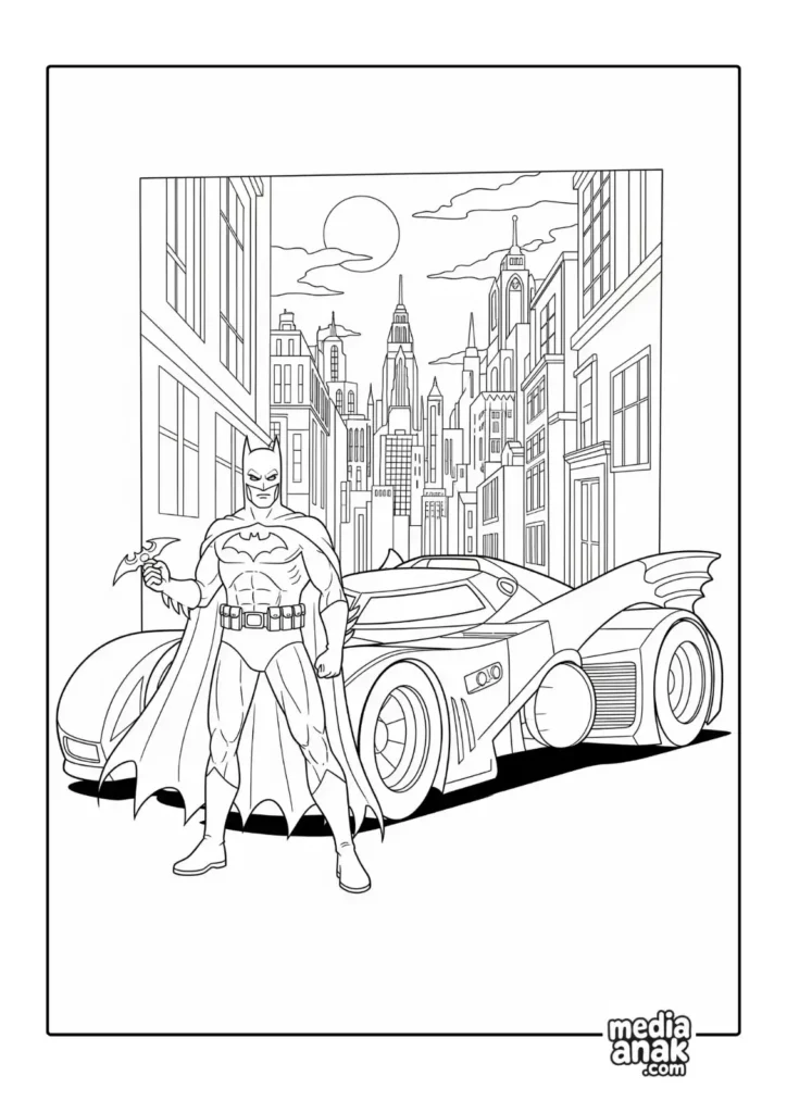 Gambar sketsa mewarnai Batman sedang berdiri di samping mobil Batmobile sambil memegang Batarang