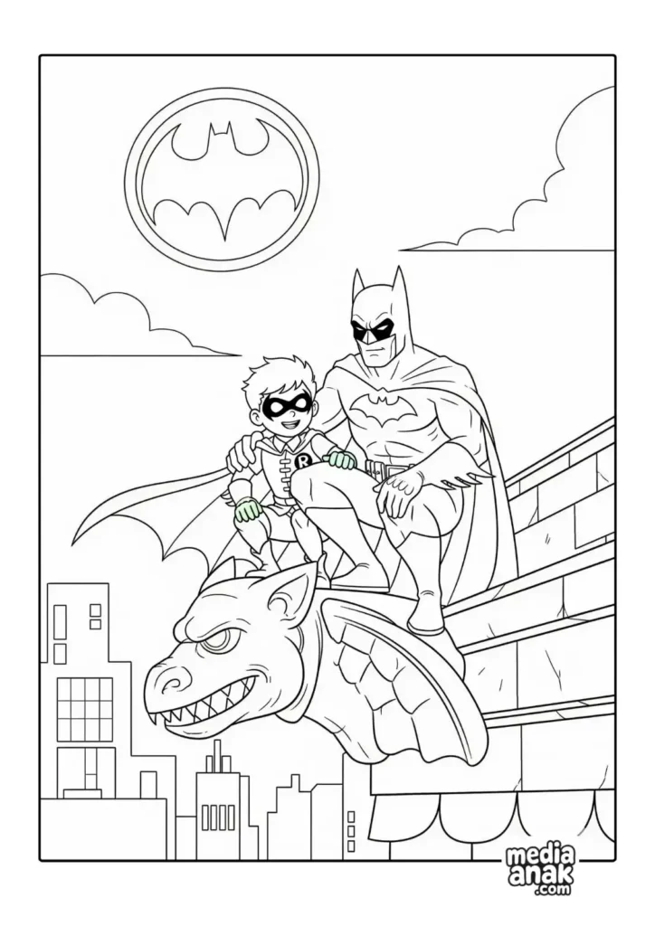 Gambar sketsa mewarnai Batman dan Robin sedang duduk bersama di atas gargoyle dengan Bat-Signal di belakangnya