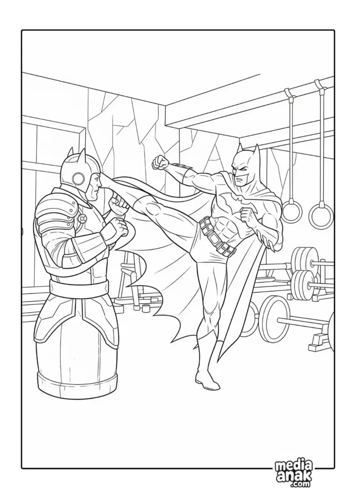 Gambar sketsa mewarnai Batman sedang berlatih tendangan bela diri pada sebuah boneka latihan di dalam gym Batcave
