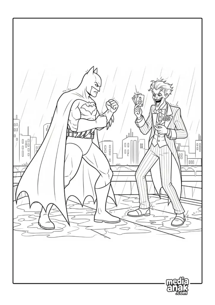 Gambar sketsa mewarnai Batman sedang berhadapan dengan musuh bebuyutannya, The Joker, di atas atap gedung yang hujan