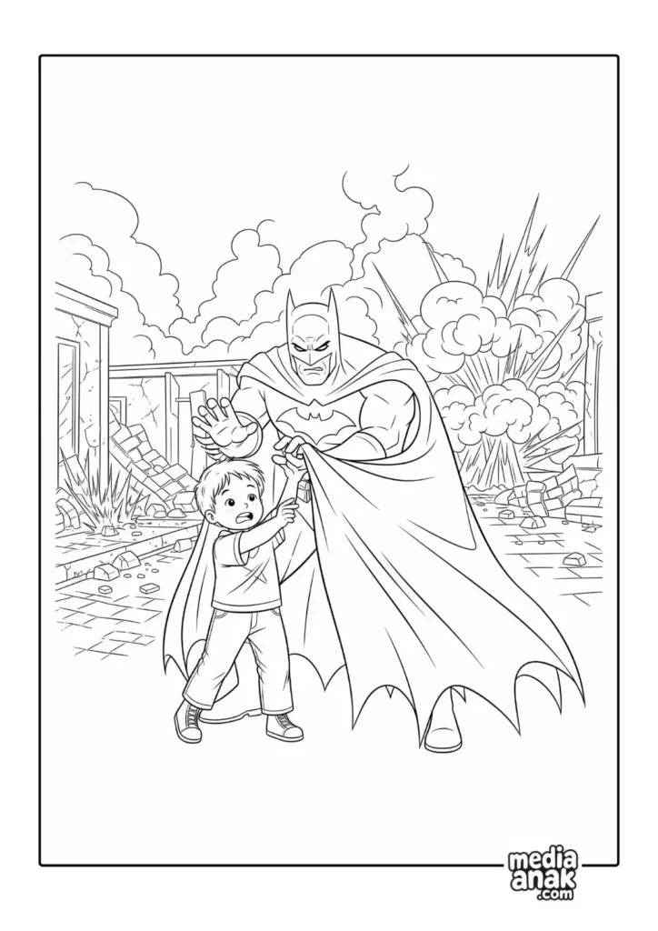 Gambar sketsa mewarnai Batman sedang menggunakan jubahnya untuk melindungi seorang anak kecil dari ledakan