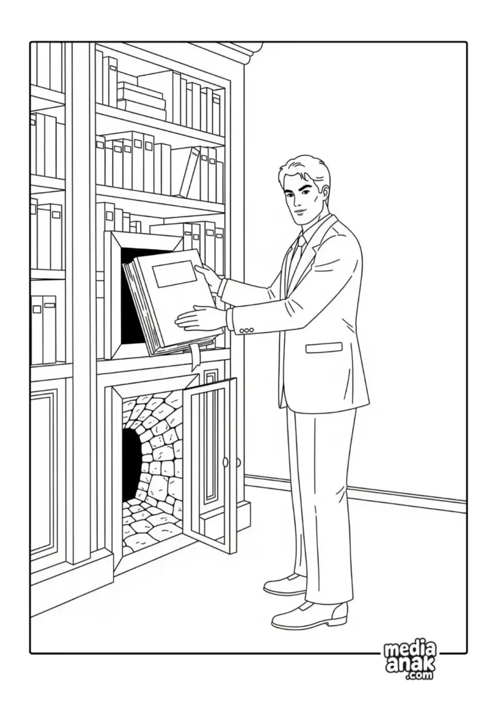 Gambar sketsa mewarnai Bruce Wayne sedang membuka pintu rahasia menuju Batcave di balik rak buku di Wayne Manor
