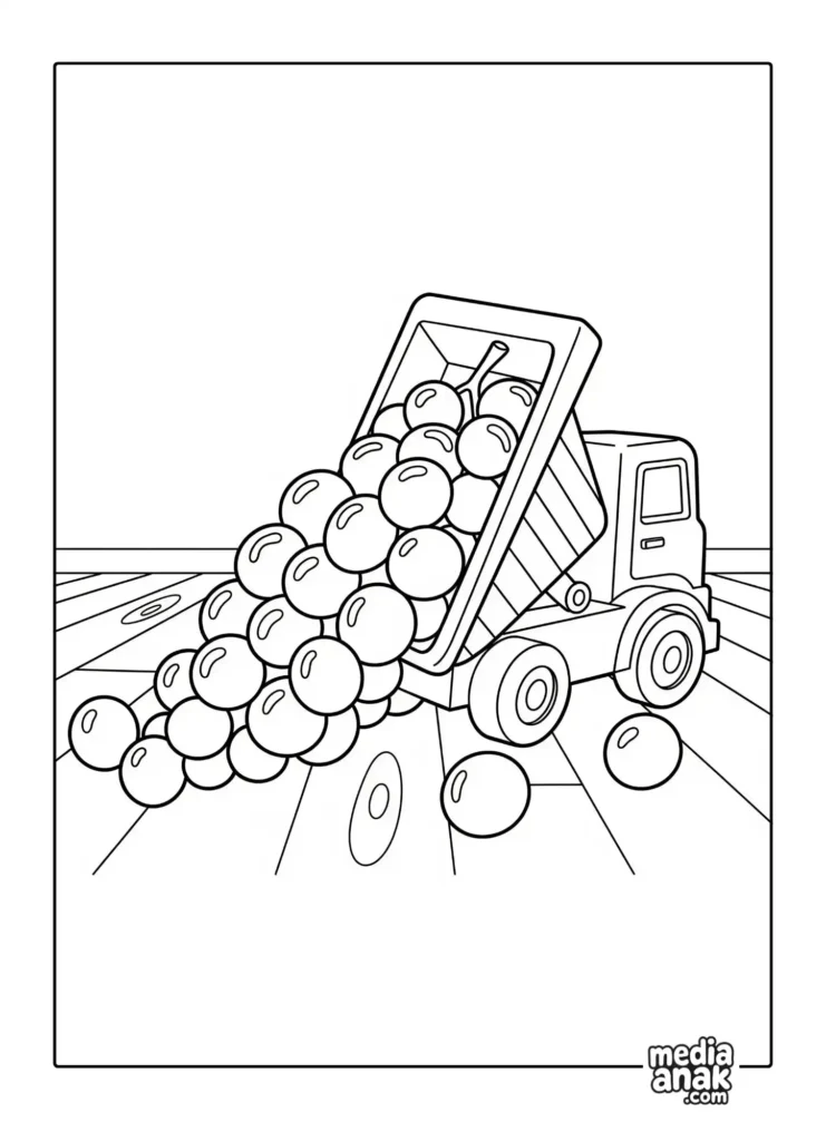 Gambar sketsa mewarnai setangkai besar buah anggur yang sedang dimuat atau tumpah dari bak sebuah truk mainan.
