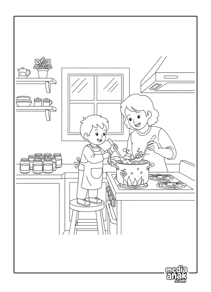 Gambar sketsa mewarnai seorang ibu dan anak yang sedang memasak selai anggur bersama di dapur.