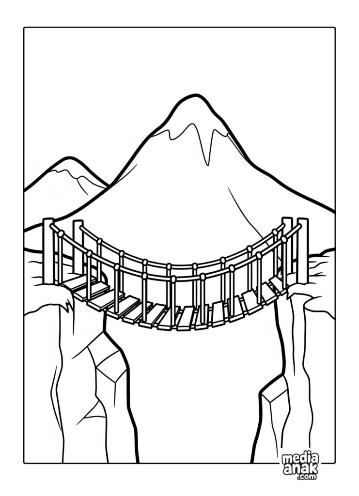 Gambar sketsa mewarnai jembatan gantung yang terbentang di antara dua tebing dengan latar belakang pemandangan gunung.