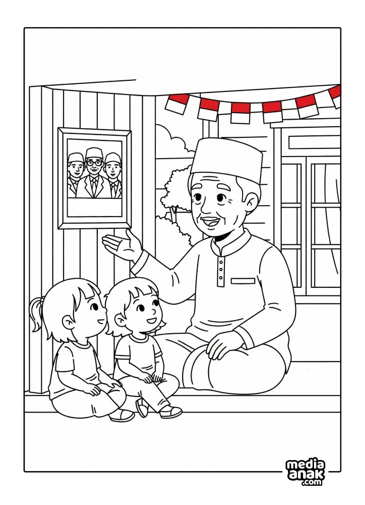 Gambar sketsa mewarnai seorang kakek sedang bercerita tentang pahlawan kemerdekaan kepada dua anak perempuan.