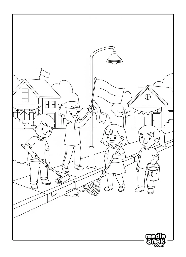 Gambar sketsa mewarnai anak-anak sedang kerja bakti membersihkan lingkungan dan memasang bendera untuk perayaan HUT RI.