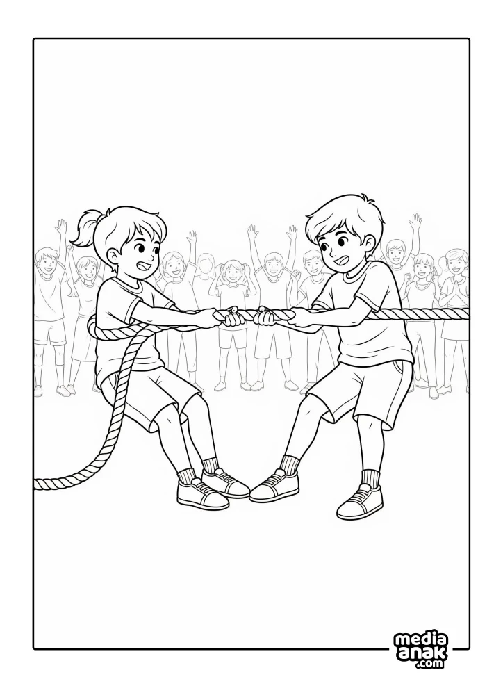 Gambar sketsa mewarnai lomba tarik tambang antara anak laki-laki dan perempuan dengan penonton yang bersorak di latar belakang.