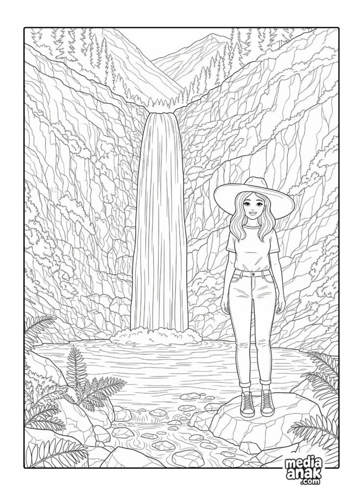 Gambar sketsa mewarnai pemandangan air terjun yang deras di pegunungan dengan seorang perempuan berdiri di atas batu.
