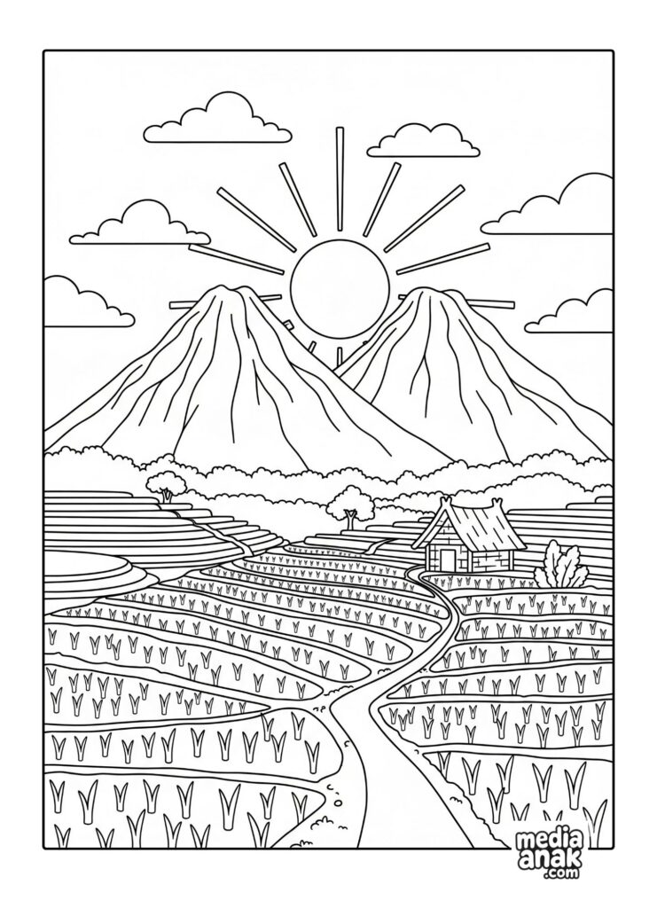 Gambar sketsa mewarnai pemandangan legendaris dua gunung dengan matahari terbit, sawah, dan gubuk petani.