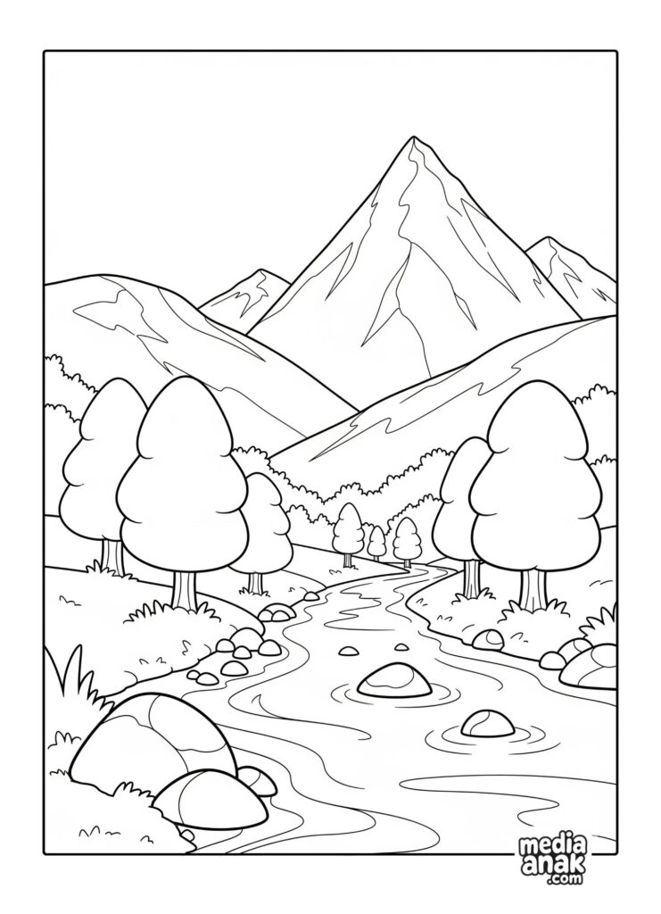 Gambar sketsa mewarnai pemandangan gunung dengan sungai yang berkelok-kelok, bebatuan, dan pepohonan.